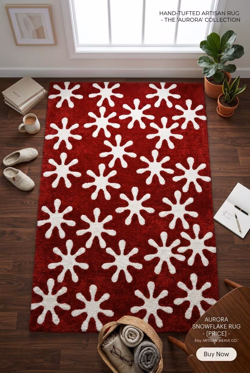 Hand Tufted Wool Christmas Tree Rug, Reindeer Holiday Decor Carpet, Festive Custom Size