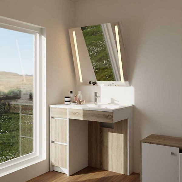 Meuble salle de bain PMR ANDY PLUS 90 cm bois et blanc   miroir Motory
