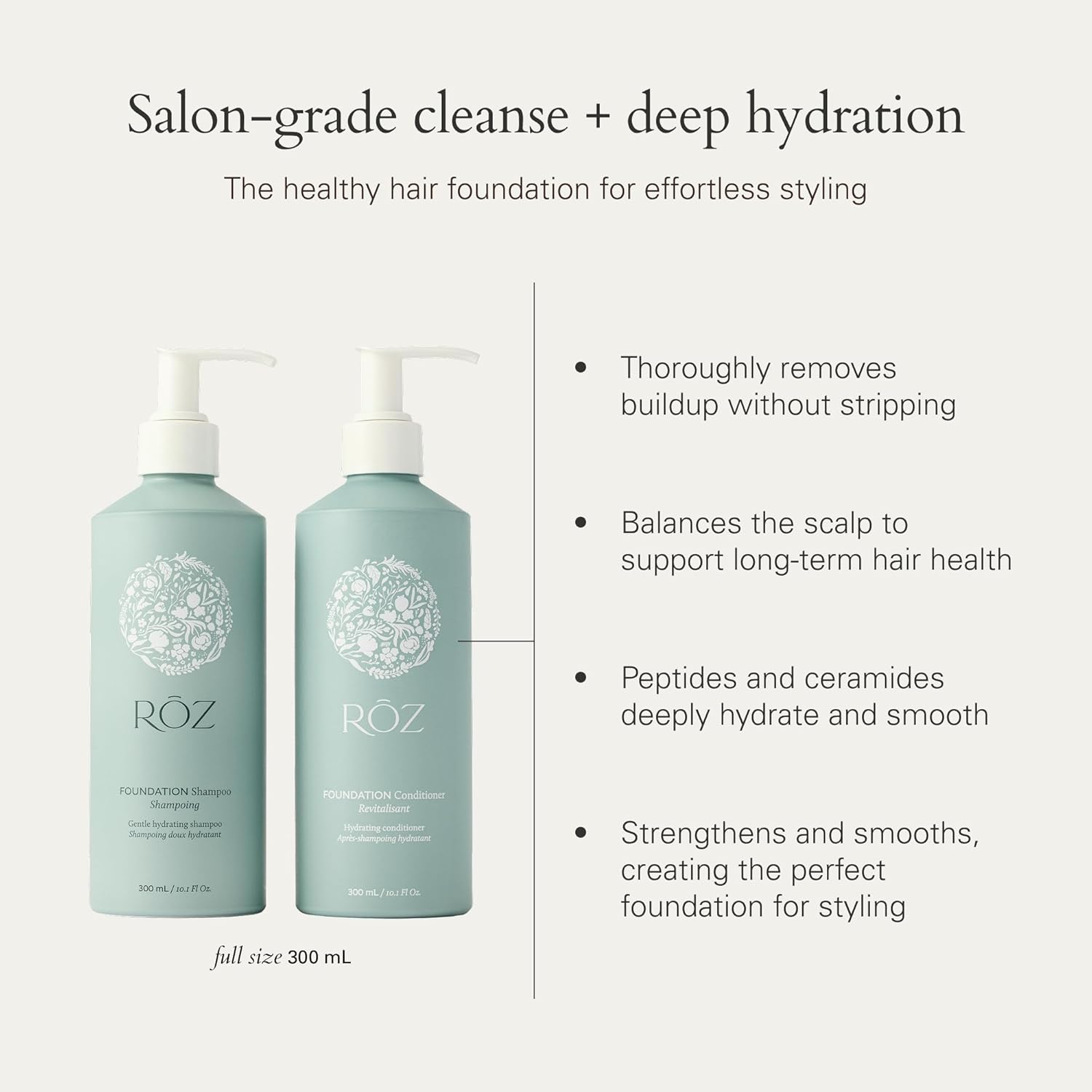 RŌZ Foundation Shampoo and Conditioner Set Duo - Sulfate-Free Hydrating Shampoo and Conditioner for Women & Men - All Hair Types | Vegan, Color-Safe, Silicone & Paraben-Free | 10.1 oz Each