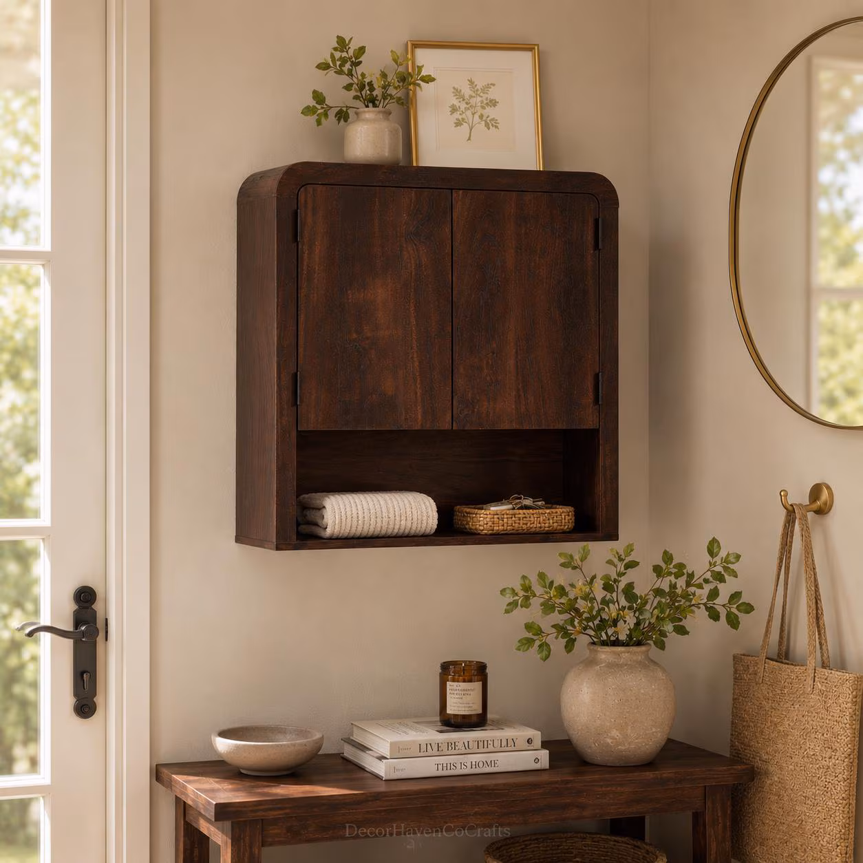 Dark Brown Wooden Wall Cabinet, Bathroom Organizer, Adjustable Shelf Storage