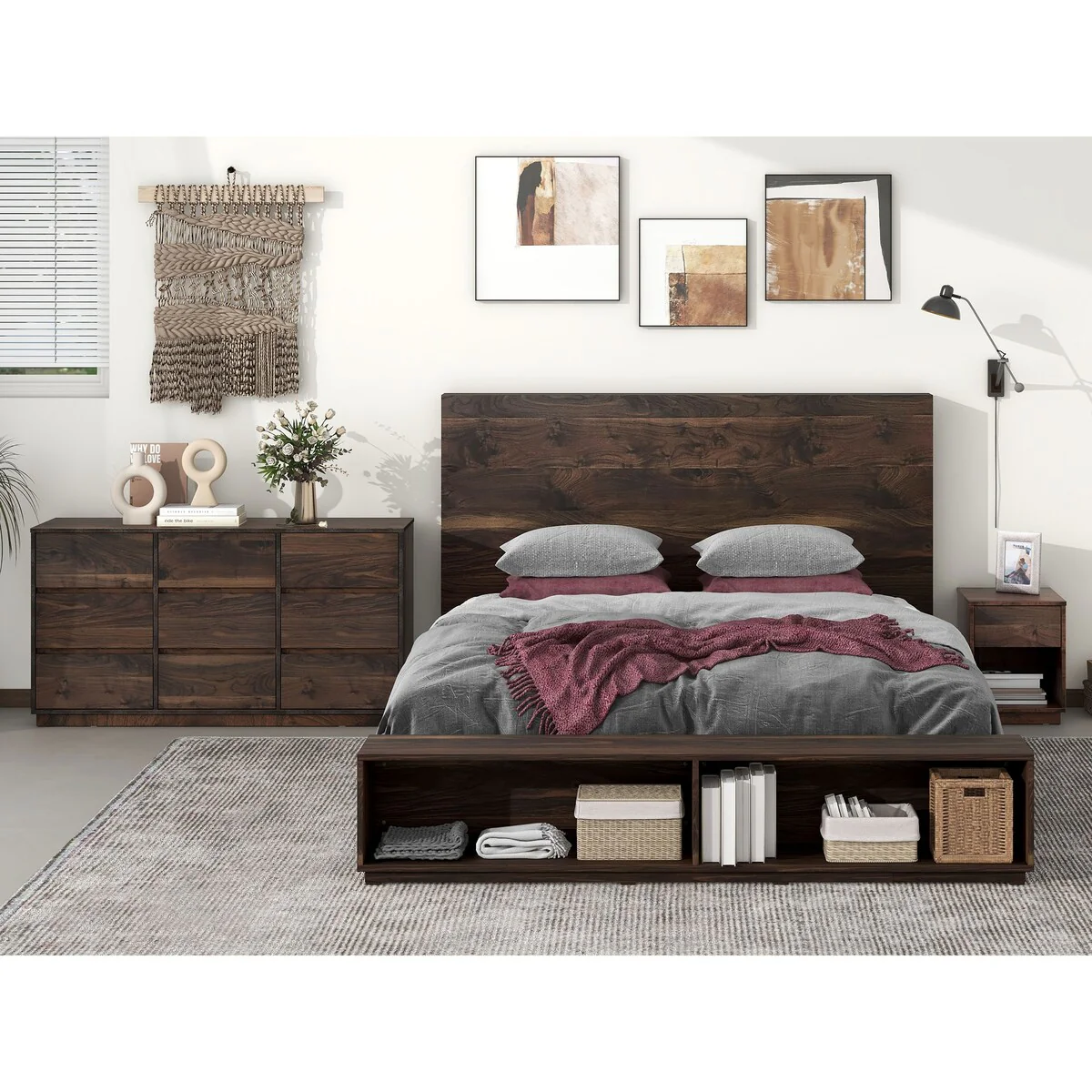 King Size Platform Bed with Nightstand and 9-Drawer Dresser