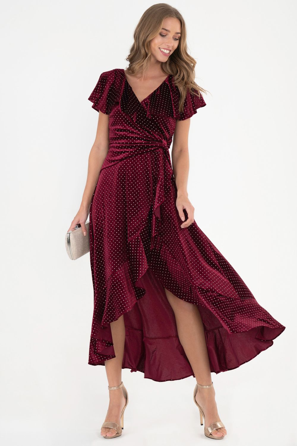 Jolie Moi Print Ruffle Dip Hem Velvet Dress