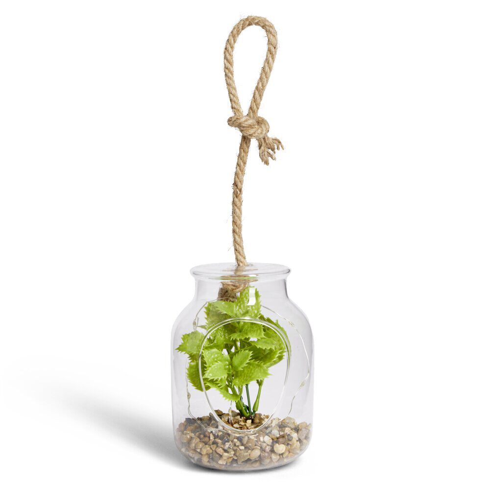 Pot en verre LED avec plante artificielle verte Ø11,5xH15,5cm