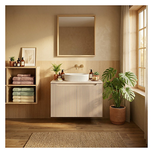 Ensemble VANO cachemire mat 80cm : meuble sous vasque à placards et plan pour vasque et vasque à poser rainurée blanche