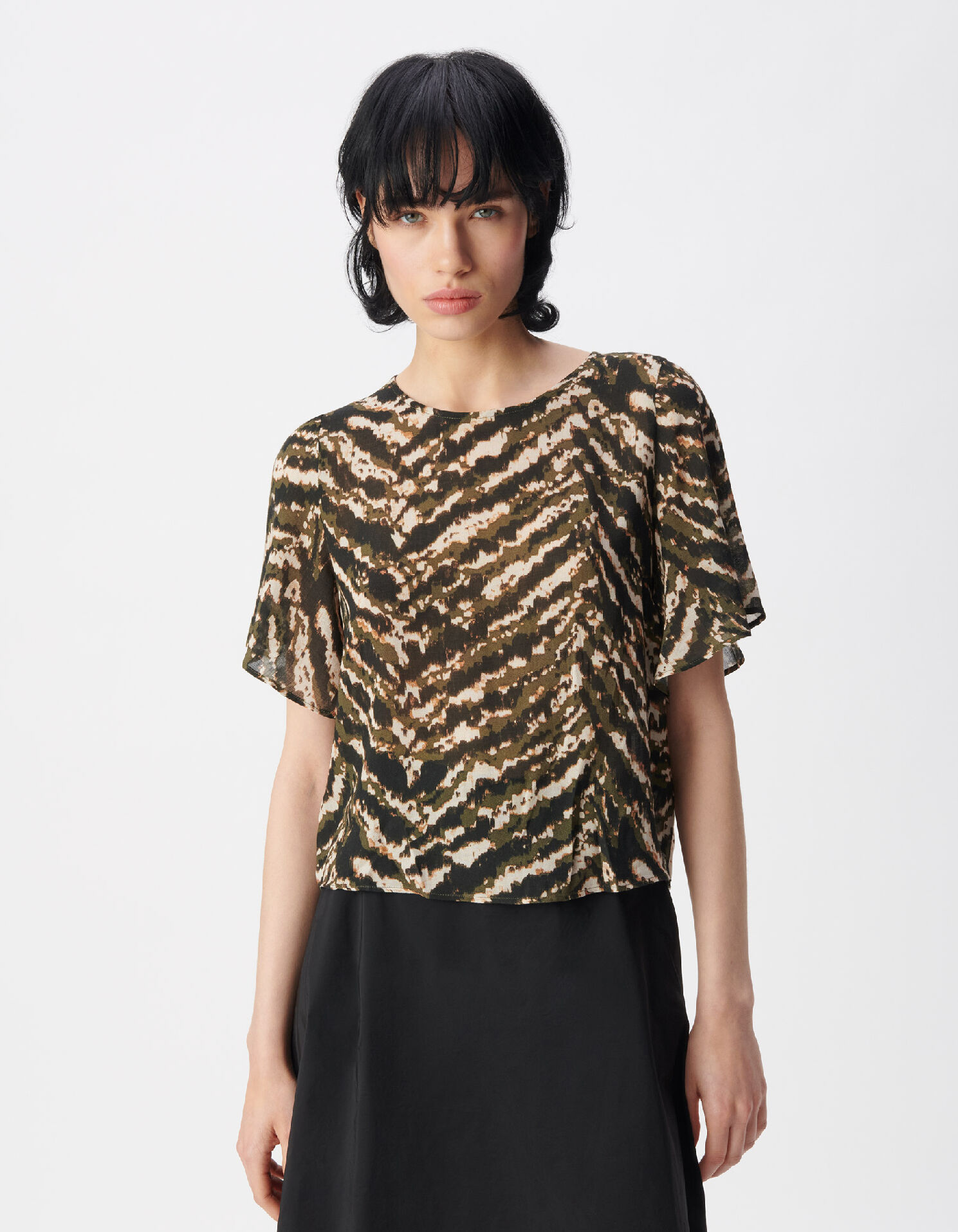 Top kaki imprimé army manches papillon Femme