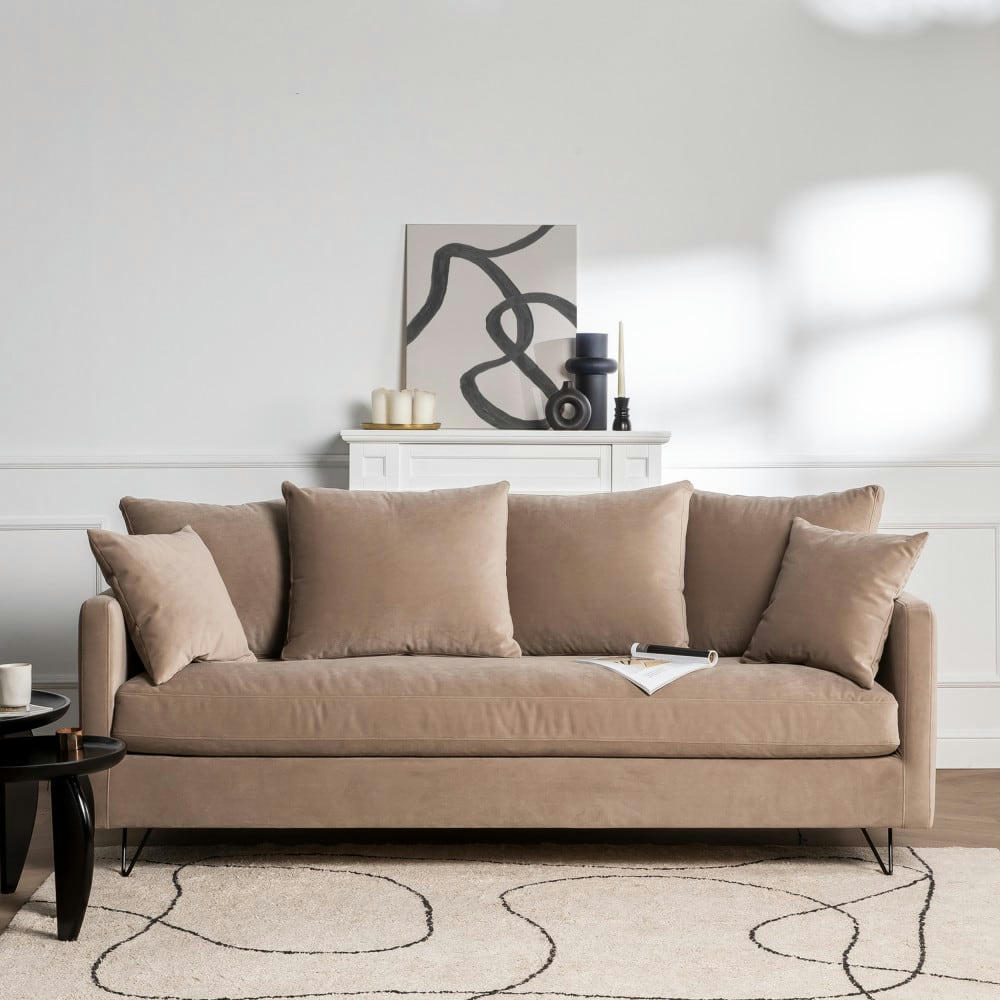 VILLABON - Canapé convertible 3 places en velours pieds épingles noirs beige