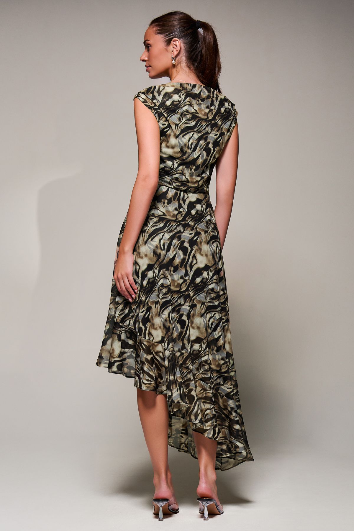 Jolie Moi Asymmetrical Draped Mesh Midaxi Dress