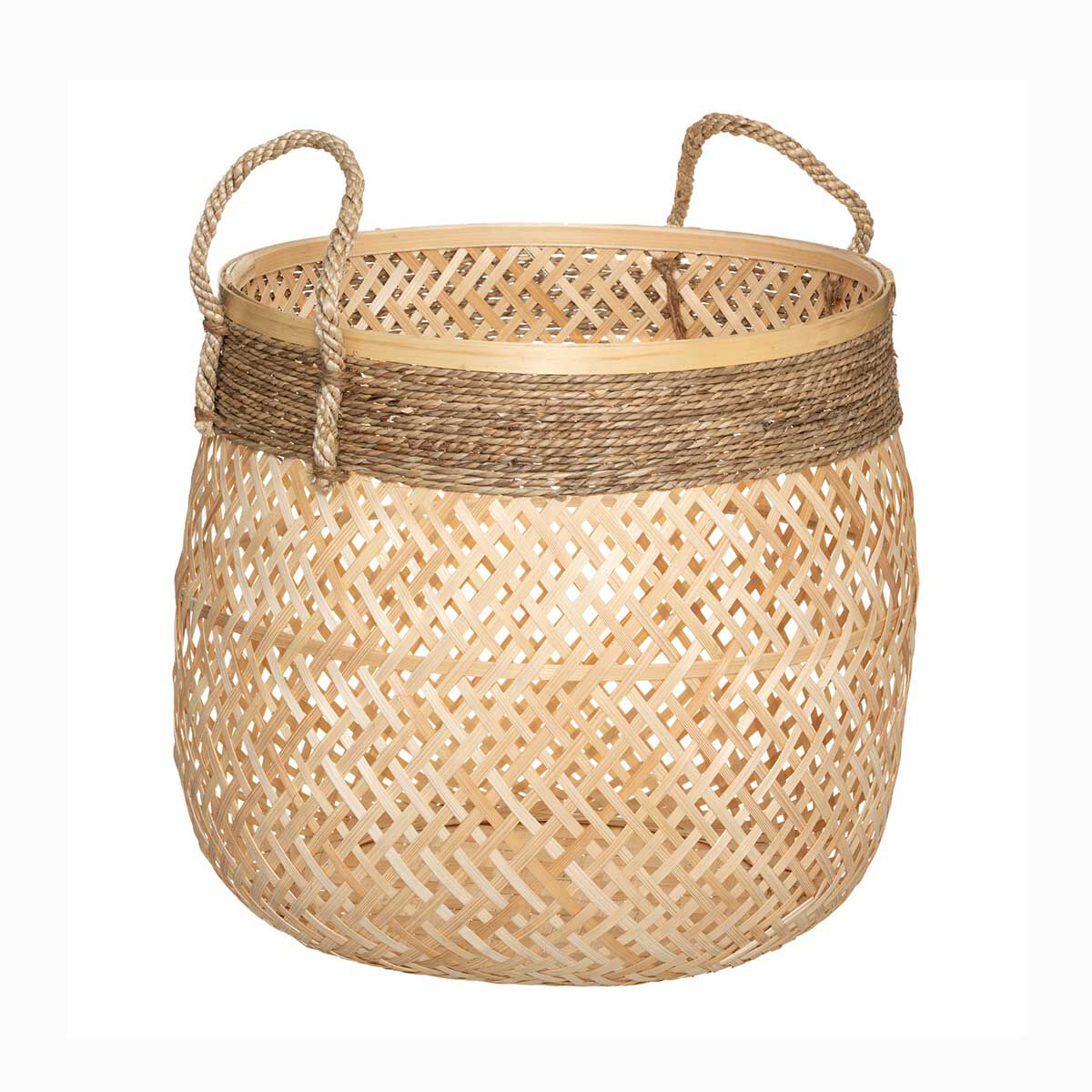 Cesto Redondo Bege Em Bambu 30x34cm