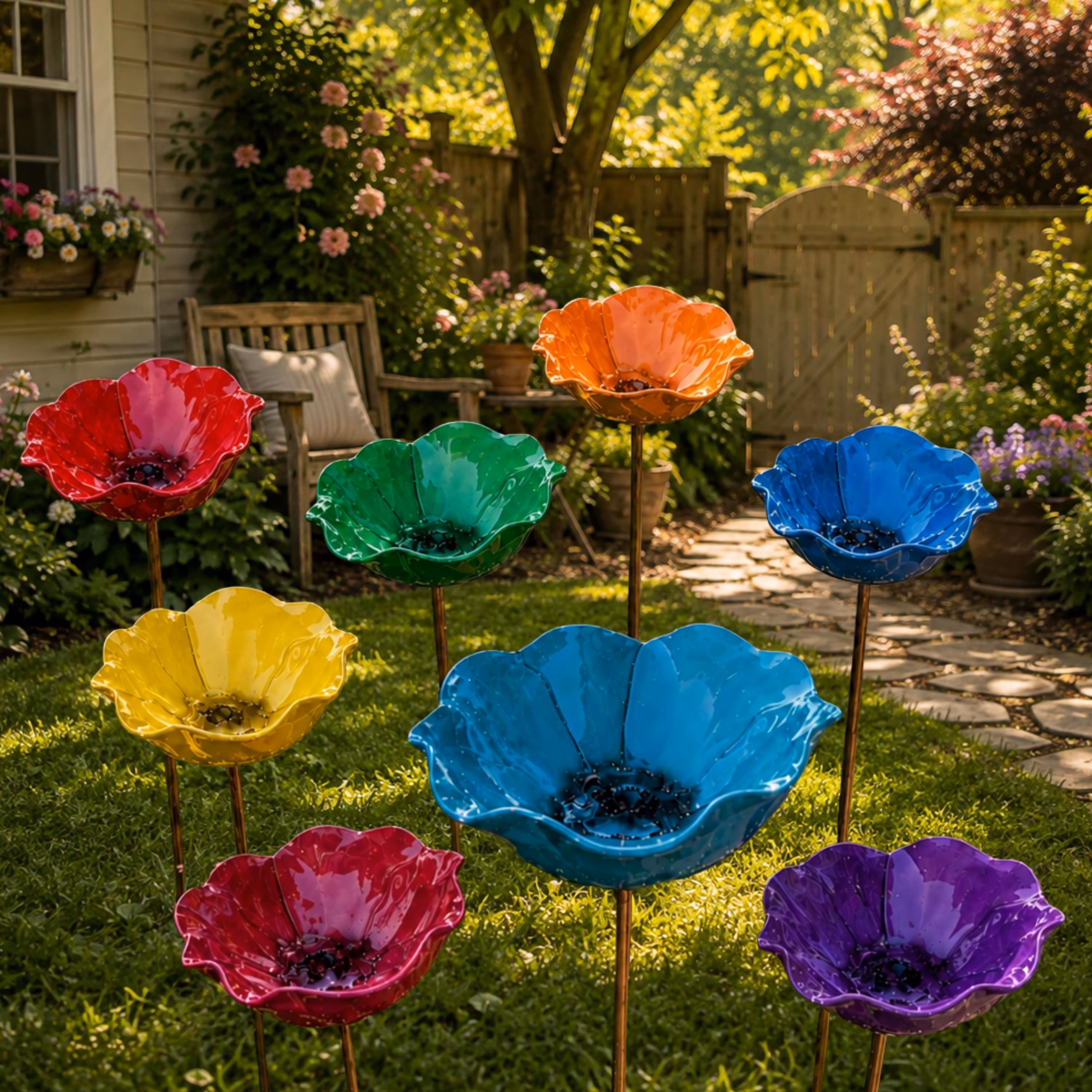 Flower Bird Bath Garden Stake, Outdoor Bird Water Feeder, Bee Water Station, Butterfly Pollinator Garden Decor, Colorful Yard Art Gift