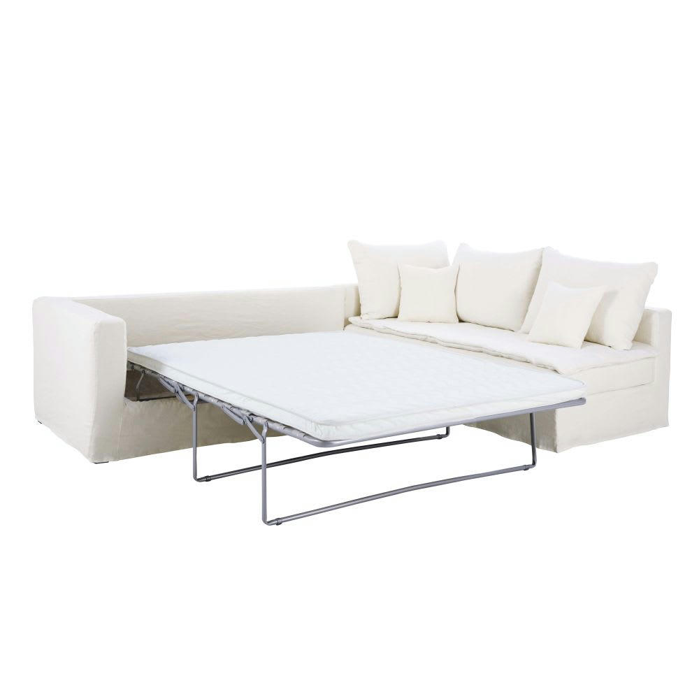 Celestin - Canapé d'angle droit convertible 5/6 places en lin supérieur blanc, matelas 6 cm