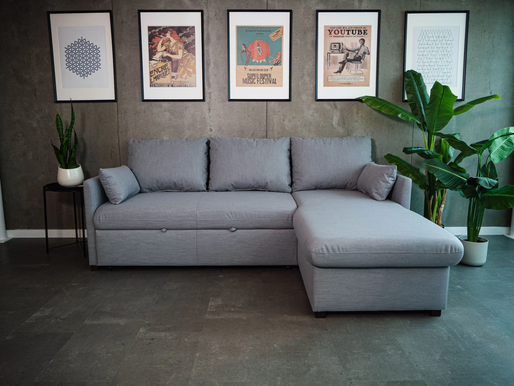 Sofá cama com chaise longue e arrumação cinza ELORDI