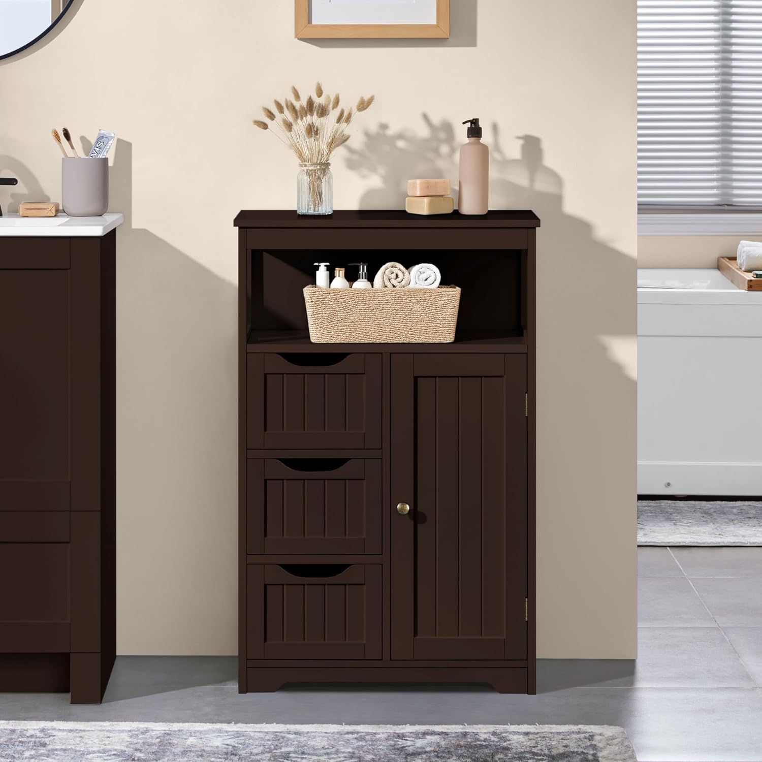 Yaheetech Wood Bathroom Floor Cabinet with 3 Drawers &1 Cupboard, Free Standing Storage Organizer Hallway Entryway Cabinet for Living Room Kitchen, Espresso