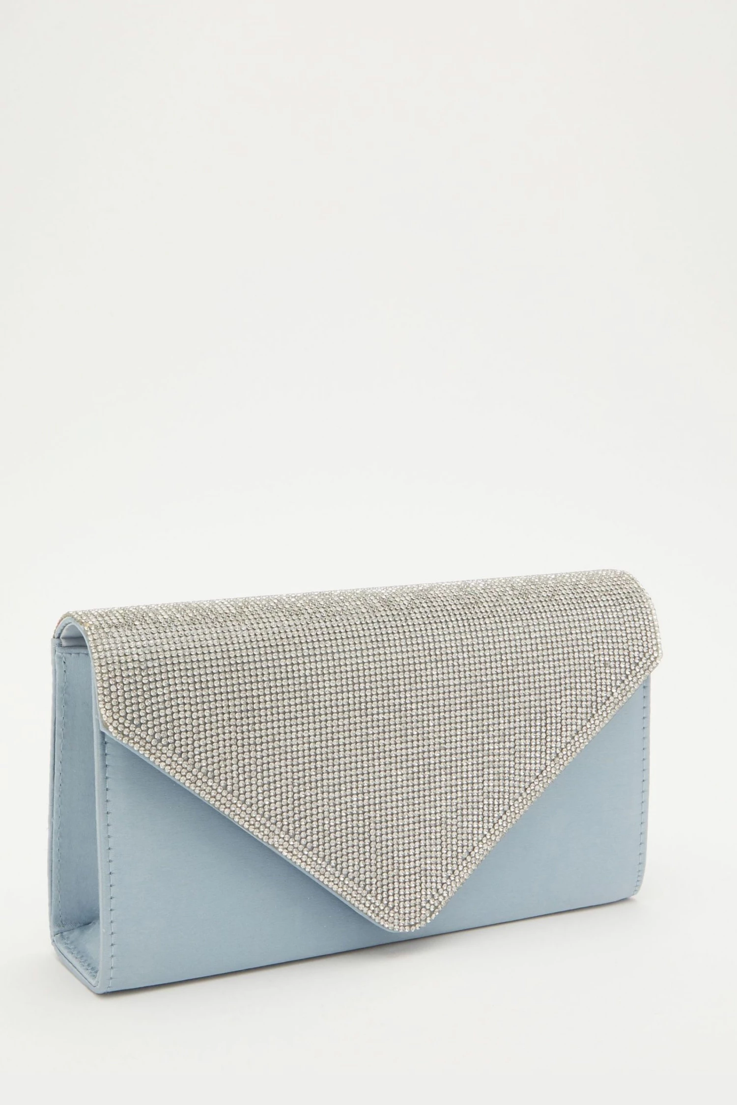 Quiz Blue Satin Diamante Flap Clutch Bag