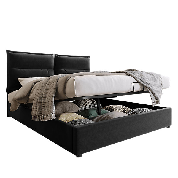 Lit double lit rembourré hydraulique 140x200cm, lit de rangement avec sommier à lattes métalliques, velours, noir,sans matelas