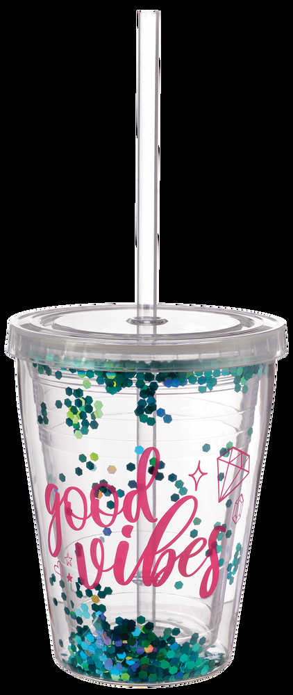 Sparkle Glitter Confetti Double Wall Reusable Plastic Tumbler with Straw, 12-oz