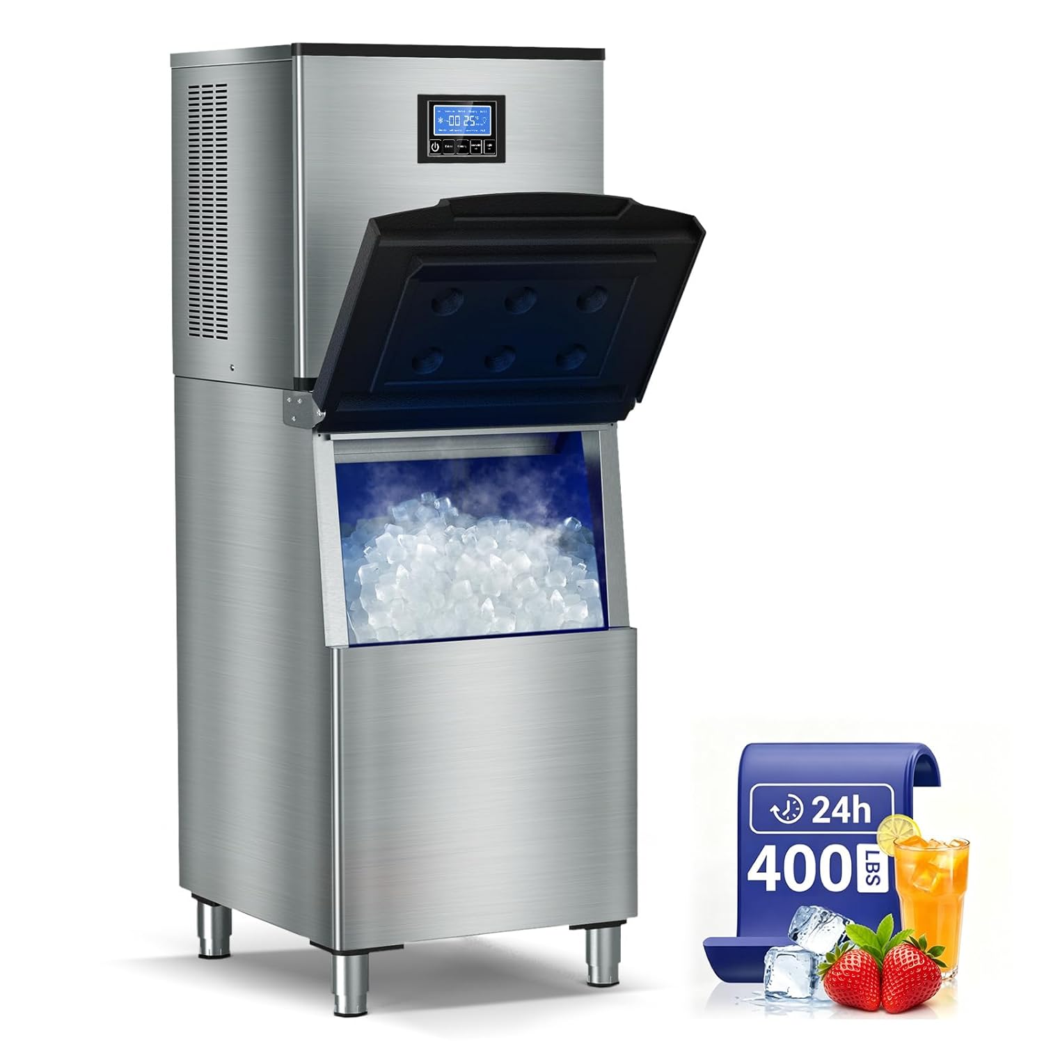 SOZT® Commercial Ice Maker, 400LBS/24H, 350LBS Storage, Commercial Ice Machine with Self-Cleaning, Timing Function, Ice Thickness Adjustment, Stainless Steel for Bar Restaurant Cafe