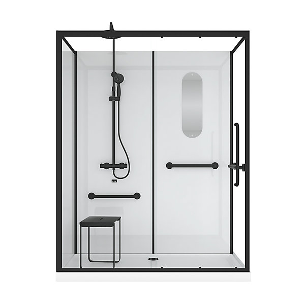 Cabine de douche l.85 x L.160 x H.200 cm – colonne thermostatique, noir &blanc, siège, large ouverture, Galedo Access 2