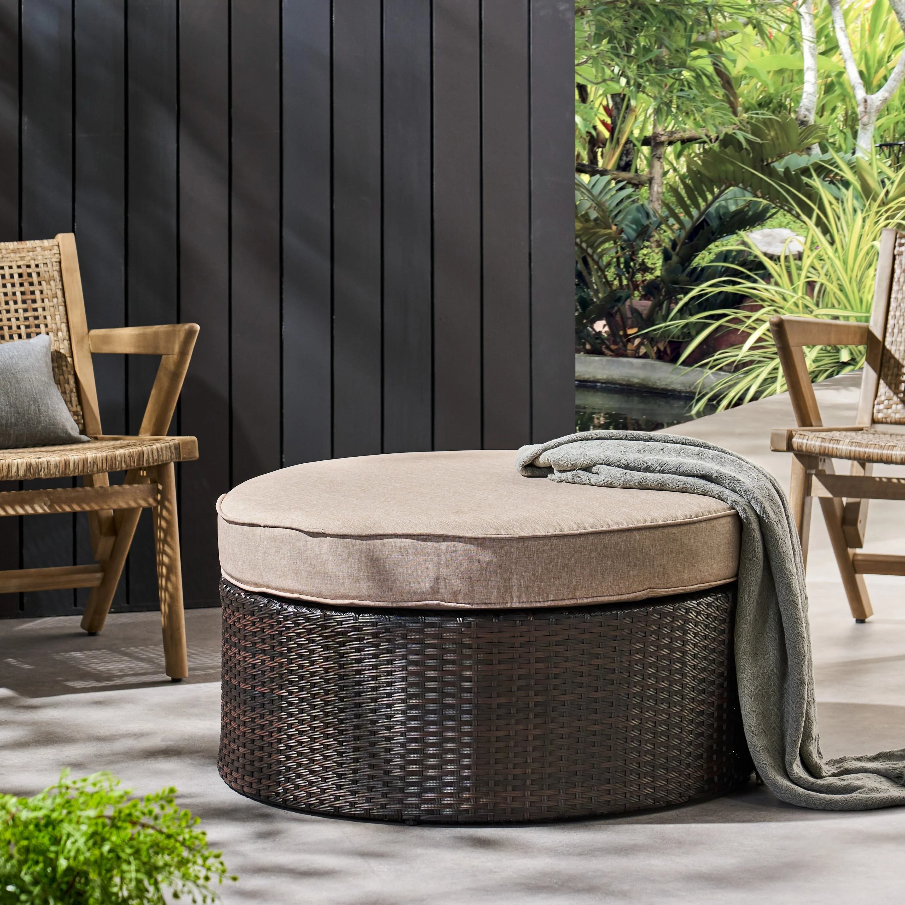 Madras Wicker Outdoor Ottoman with Cushion by Christopher Knight Home