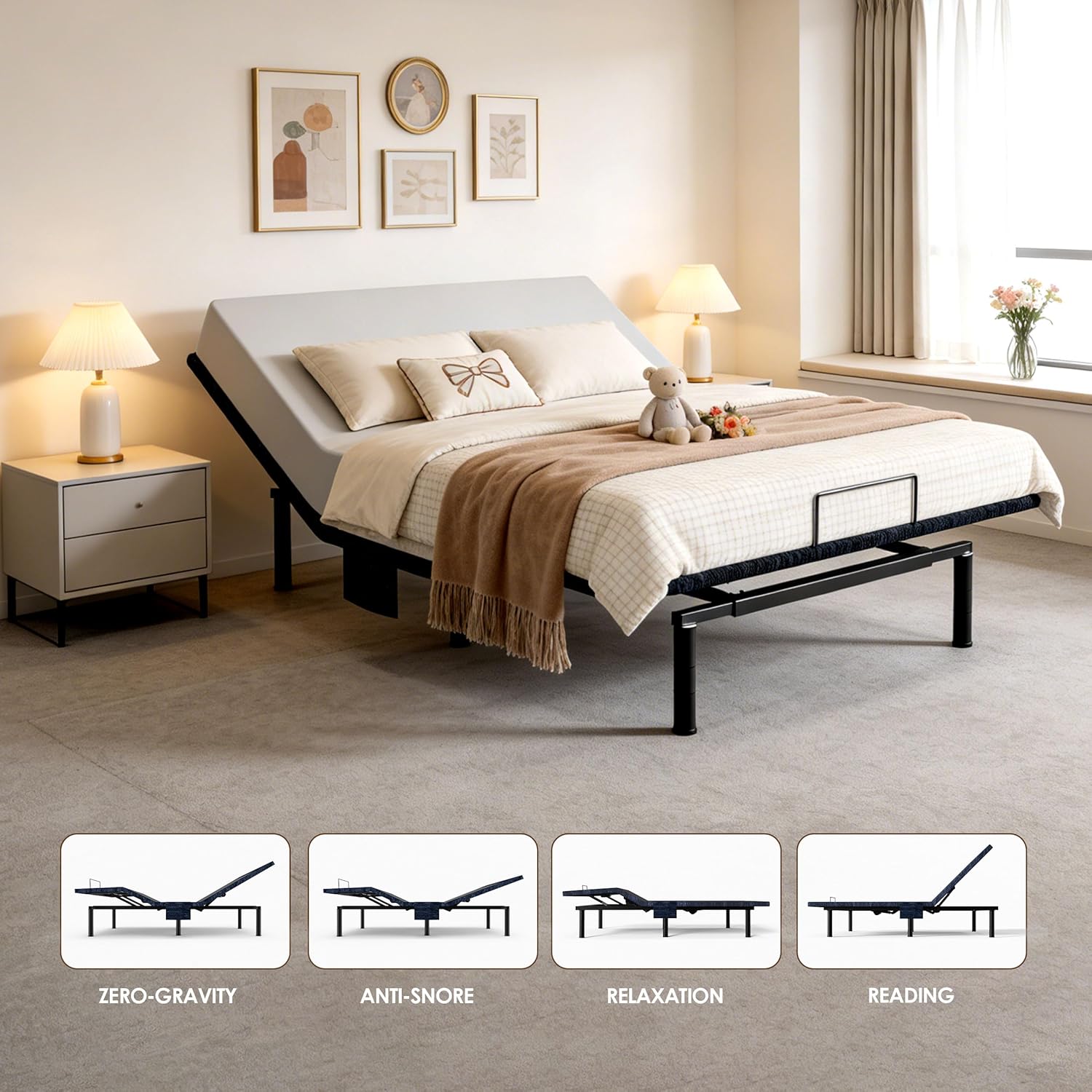 Patented Design King Adjustable Bed Frame with Wireless Remote, Head & Foot Incline, Quiet Motor, Zero Gravity & Anti-Snore, Leg Height Options, Designed for Bedroom, Seniors Care