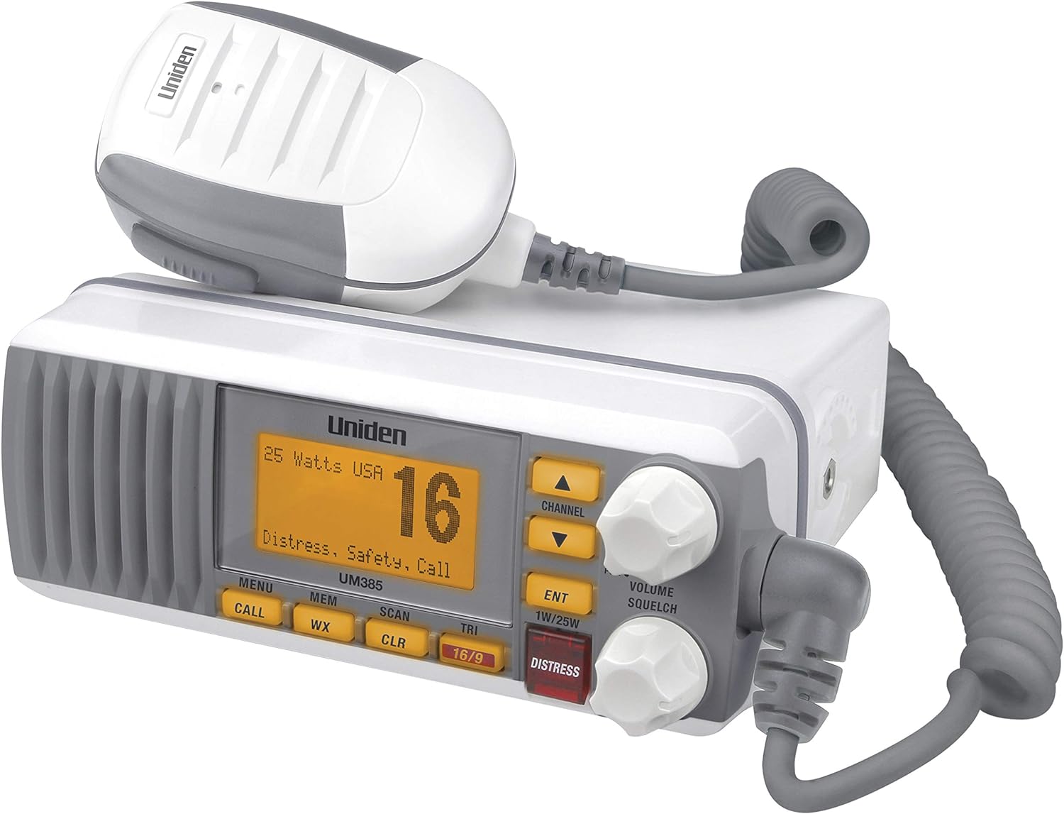 Uniden UM385 25 Watt Fixed Mount Marine Vhf Radio  Waterproof IPX4 with Triple Watch  Dsc  Emergency/Noaa Weather Alert  All Usa/International/Canadian Marine Channels  Memory Channel Scan  White
