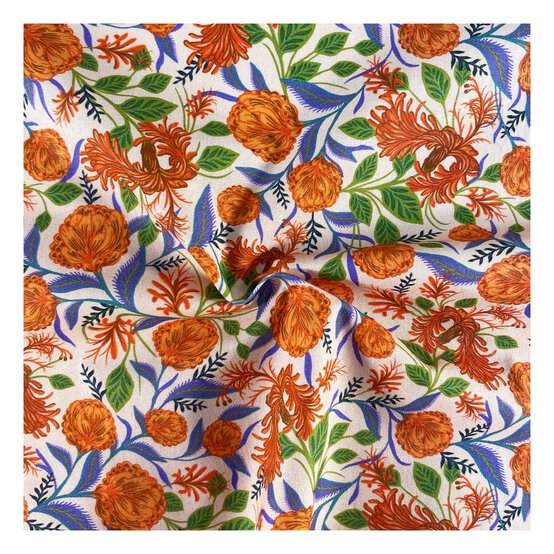Artisan Orange Flowers Cotton Fabric by the Metre