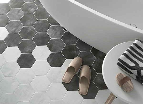 Carreau Hexagonal en Grès Cérame Effet Ciment. Série Denia Blanc14x16 cm