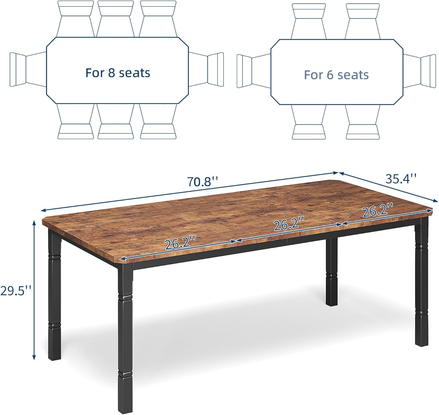 Garvee Large Dining Table for 6-8 People, 71 Wooden Kitchen Table with Sturdy Metal Frame, Dining Room Table for Dining Room, Kitchen, Black Leg & Retro