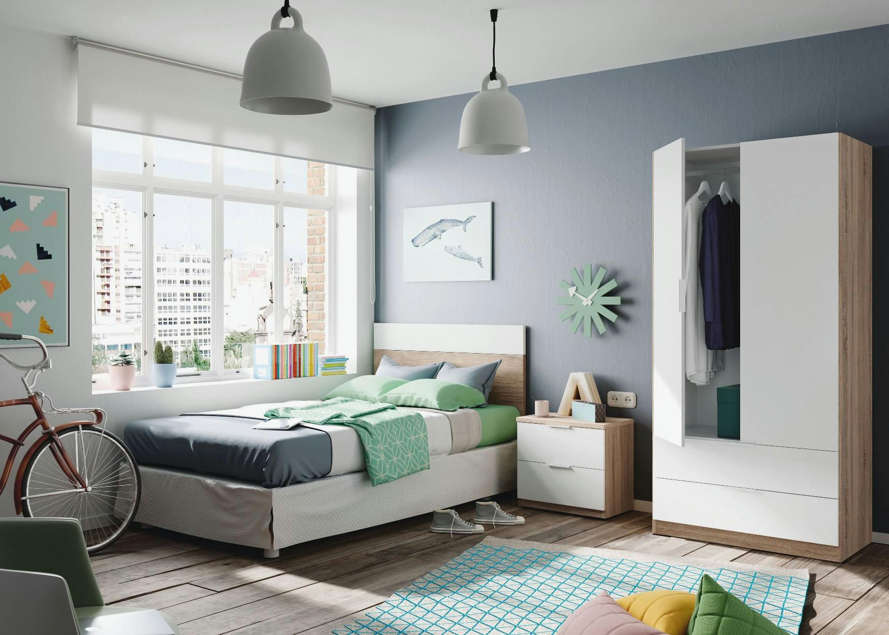 WORCESTER - Garde-robe avec 2 portes et 2 tiroirs effet bois blanc et chêne