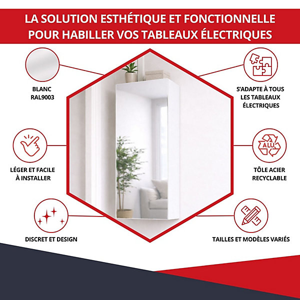 Coffret d'habillage ATOLE 13 modules en acier blanc avec porte miroir - H 117 x L 34 x P 14,5 cm - Réf. RCH600MIR