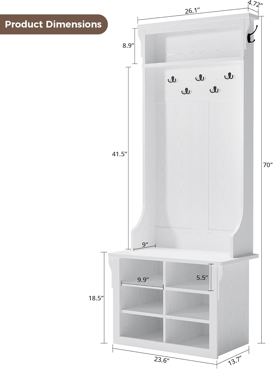 IRONCK Hall Tree with Bench and Shoe Storage, 6-in-1 Entryway Bench with Coat Rack, Adjustable Shelf, Hanging Hooks, 6 Shoe Cubbies, 2-Tier Top Storage, for Entryway, Bedroom, Living Room, White