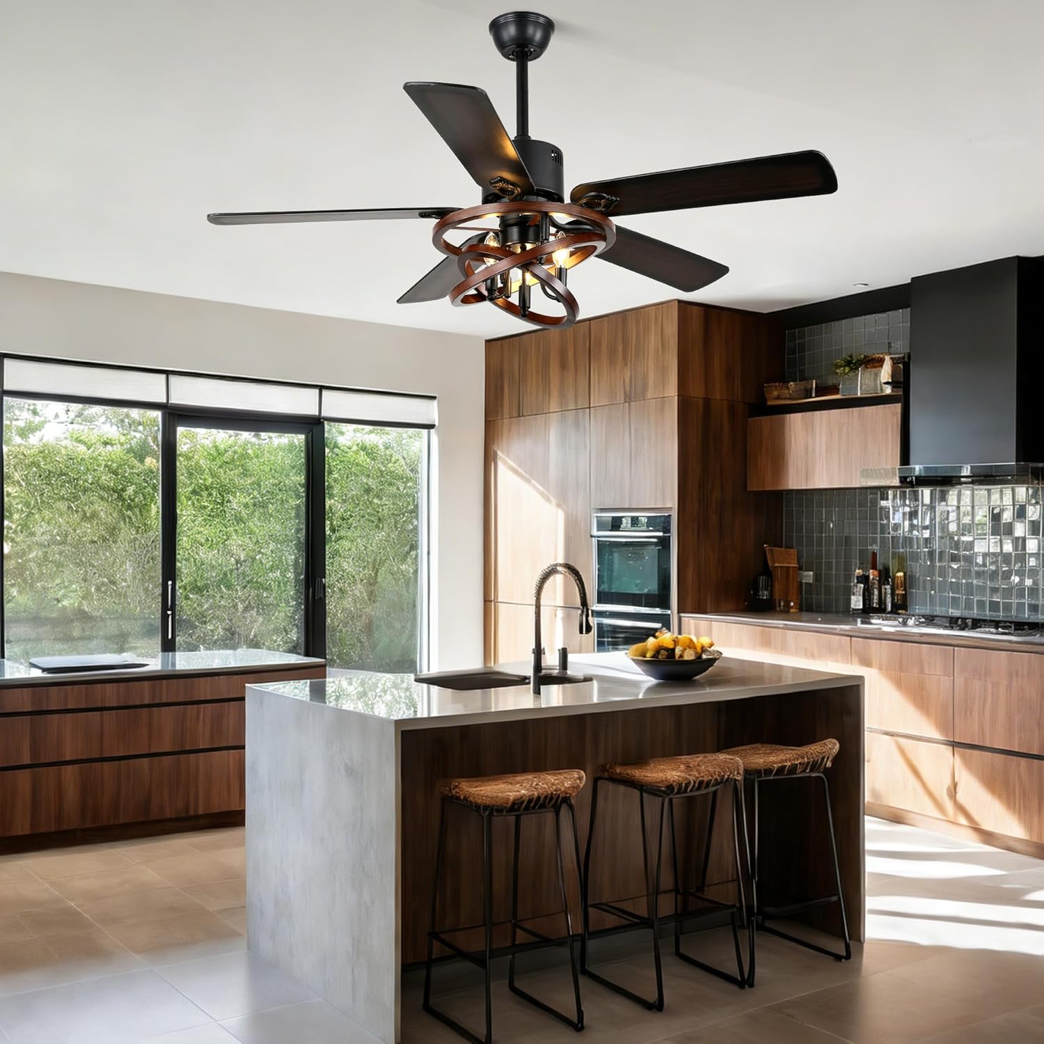52 Ceiling Fan with Lights and Remote,Industrial Farmhouse Ceiling Fan with Adjustable Wood Grain Iron Cage,5 Reversible Dual-Color Blades,DC Quiet Motor,6 Speeds,Timer for Bedroom Living Room