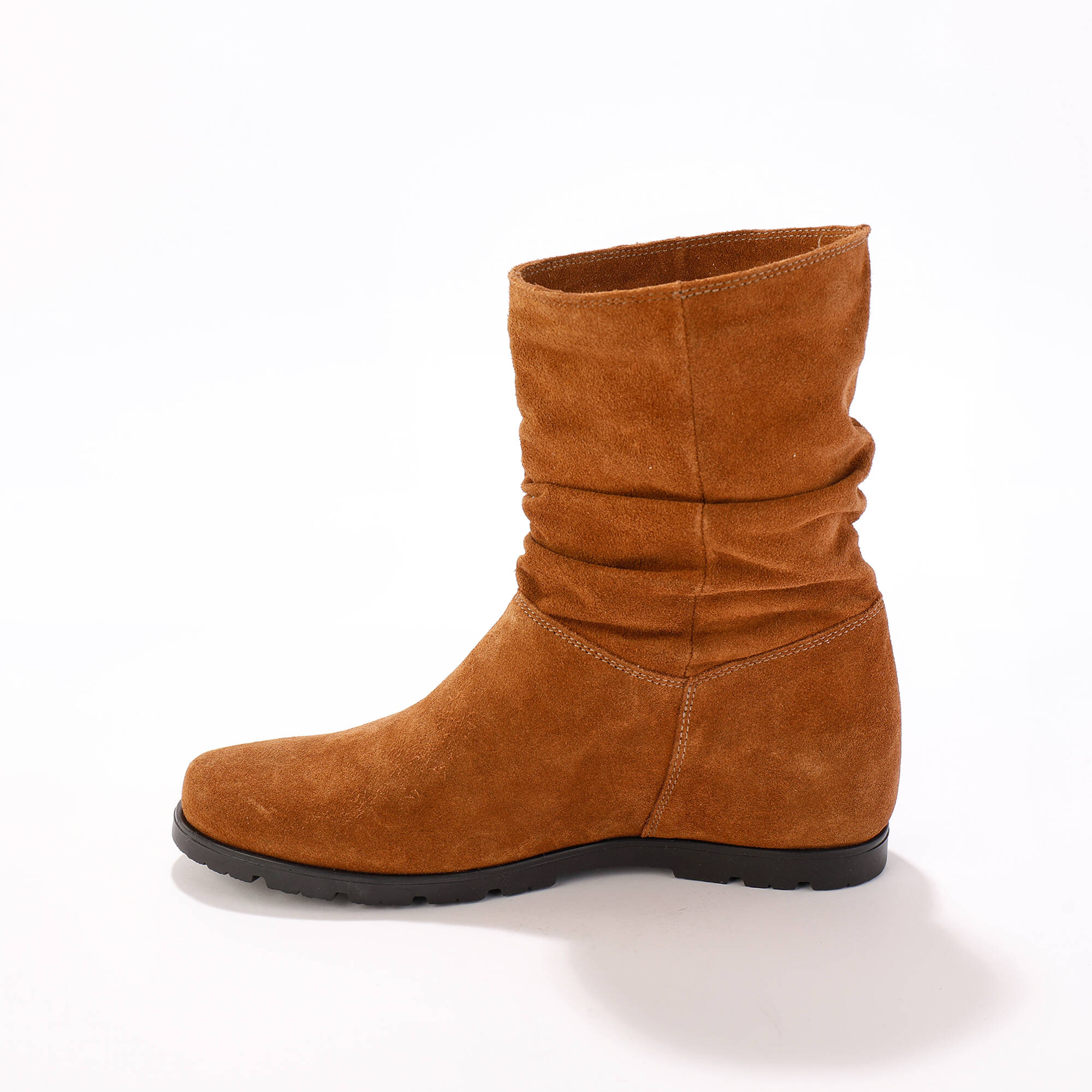 Bottes plissées mi-hautes en cuir velours, semelle compensée invisible
