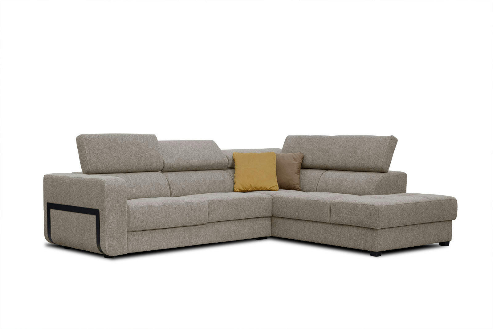 BERGO - Canapé d'angle droit 5 places en tissu taupe avec coussins déco