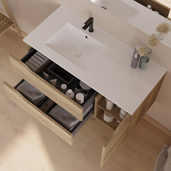 Meuble de salle de bain 100cm avec vasqueà gauche - sans miroir - 2 tiroirs et 1 placard - bois - ZARZA
