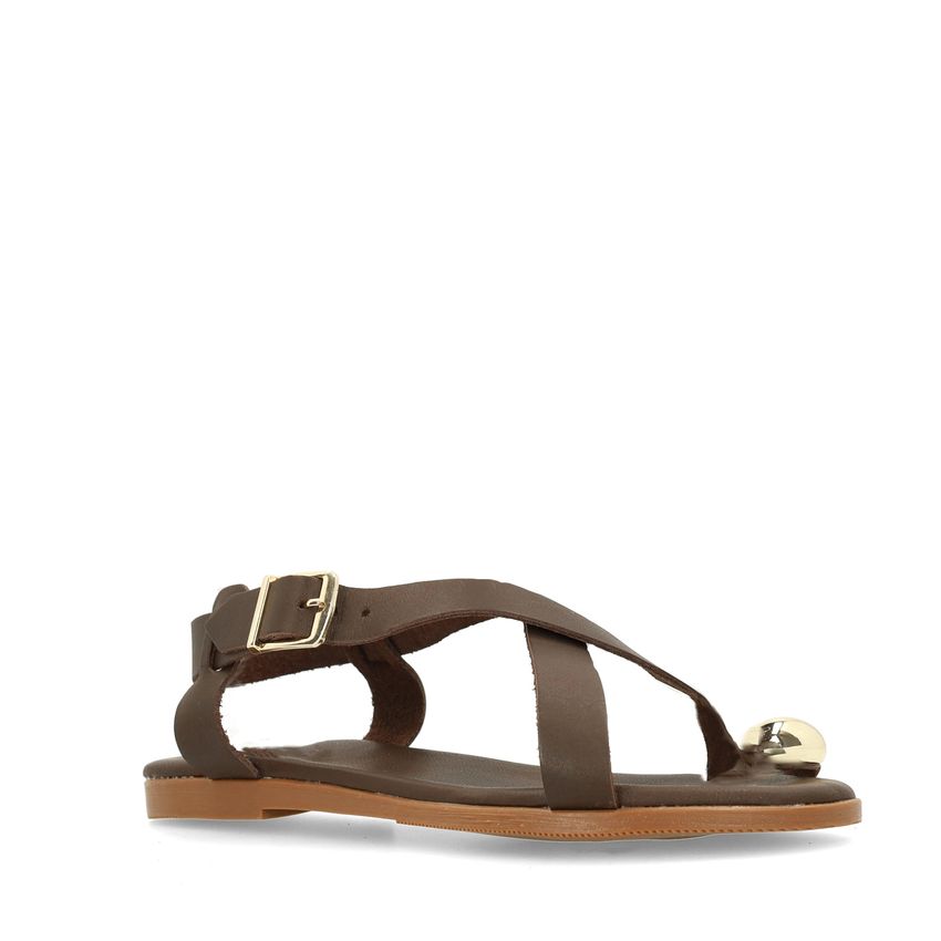 Manfield Bruine leren sandalen met goudkleurig detail