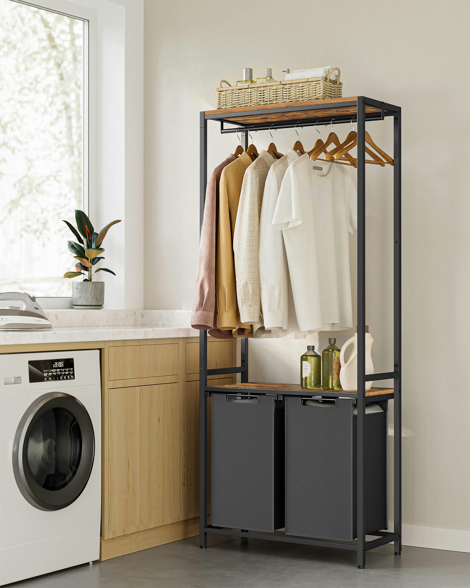 2 COMPARTIMENTS - Panier à linge 2 compartiments étagères tissu Oxford noir