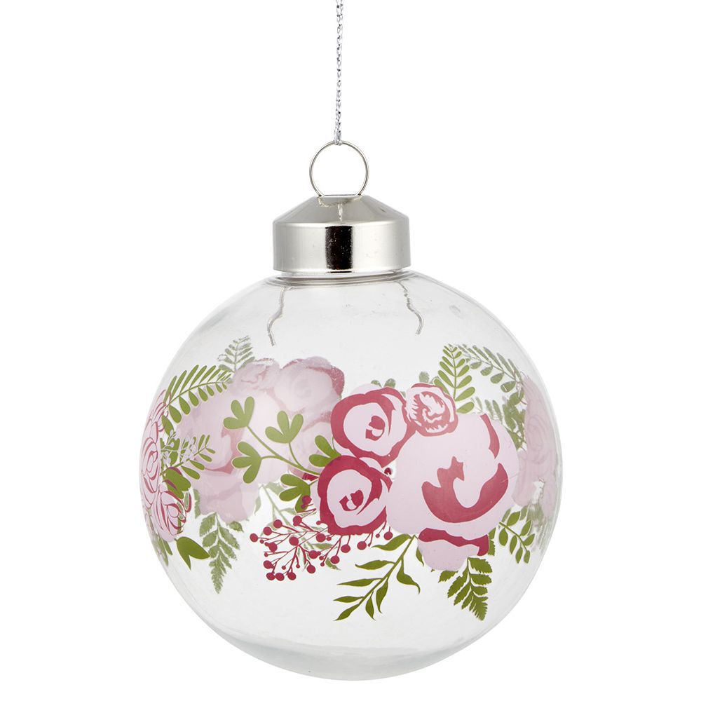 Boule de No&euml;l transparente déco fleur Ø8 cm