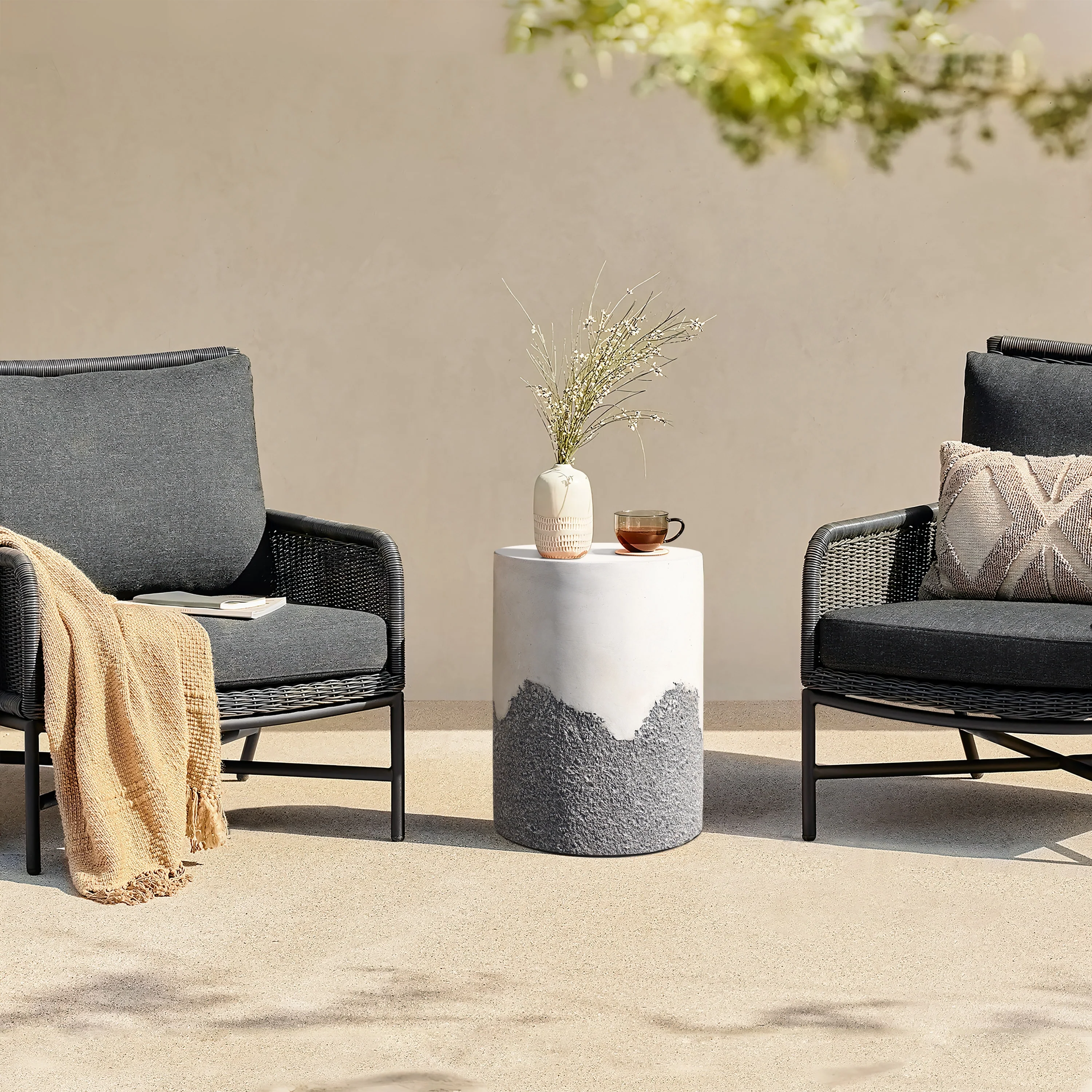 Gray and White Cement Round Outdoor Side Table