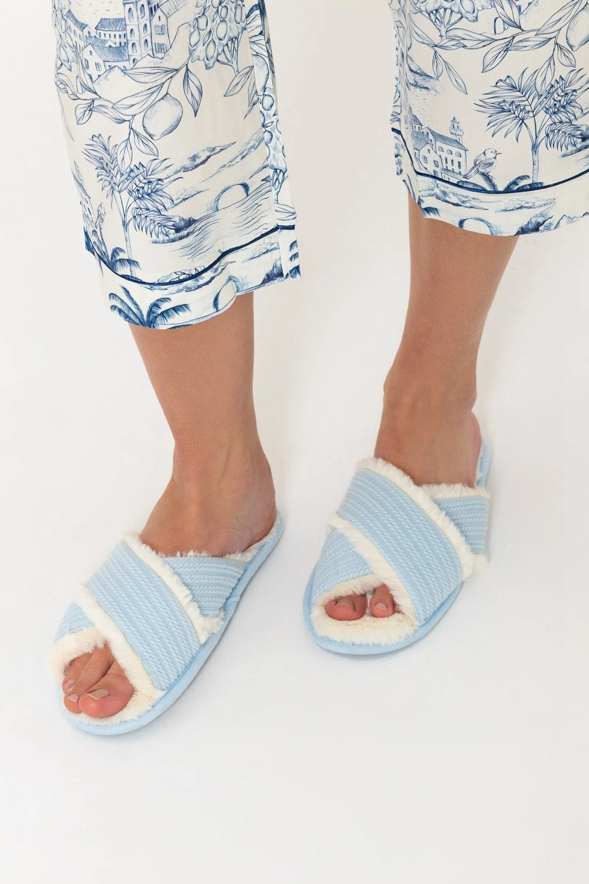 Blue Faux Fur Cross Over Slippers
