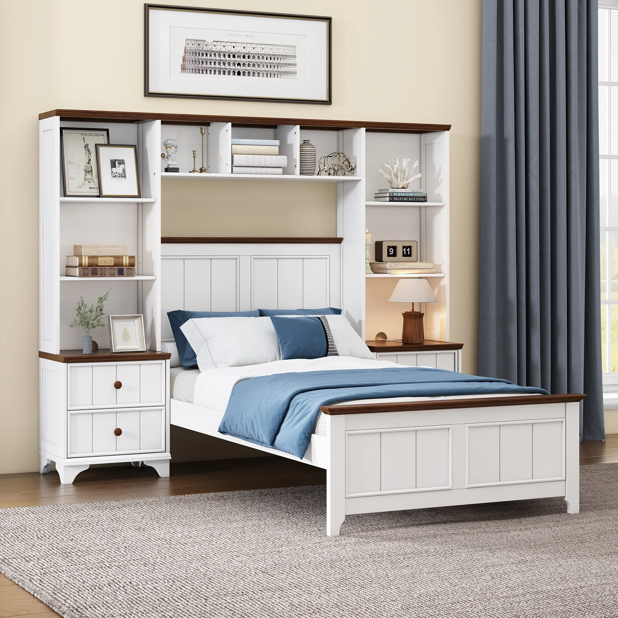 Roomfitters Twin Size Platform Bed, Pine Wood Frame, Storage Shelf, Bookcase, 2 Nightstands, White Walnut