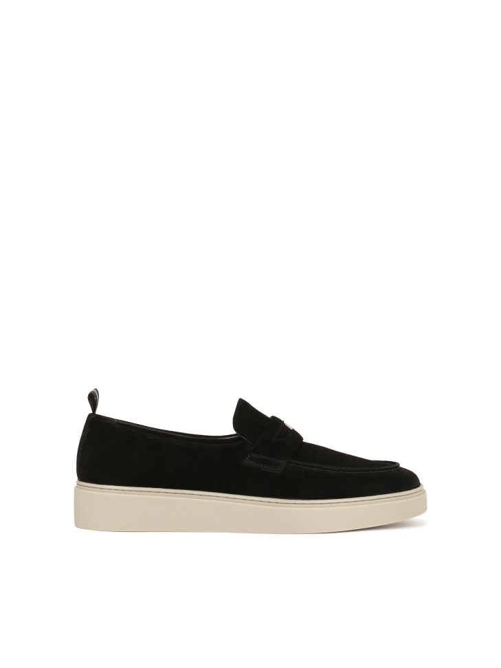 Black slip-on sneakers with silver logo