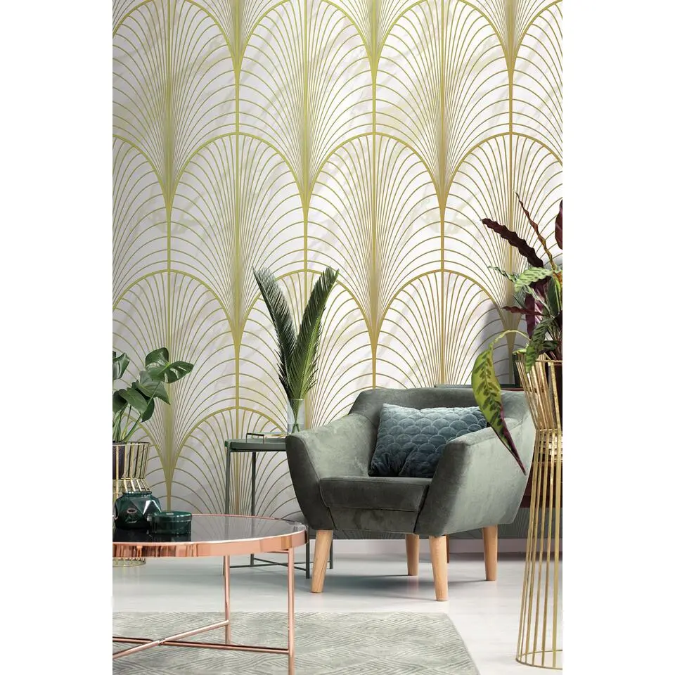 Sanders & Sanders fotobehang art deco bogen goud en grijs - 424 x 280 cm