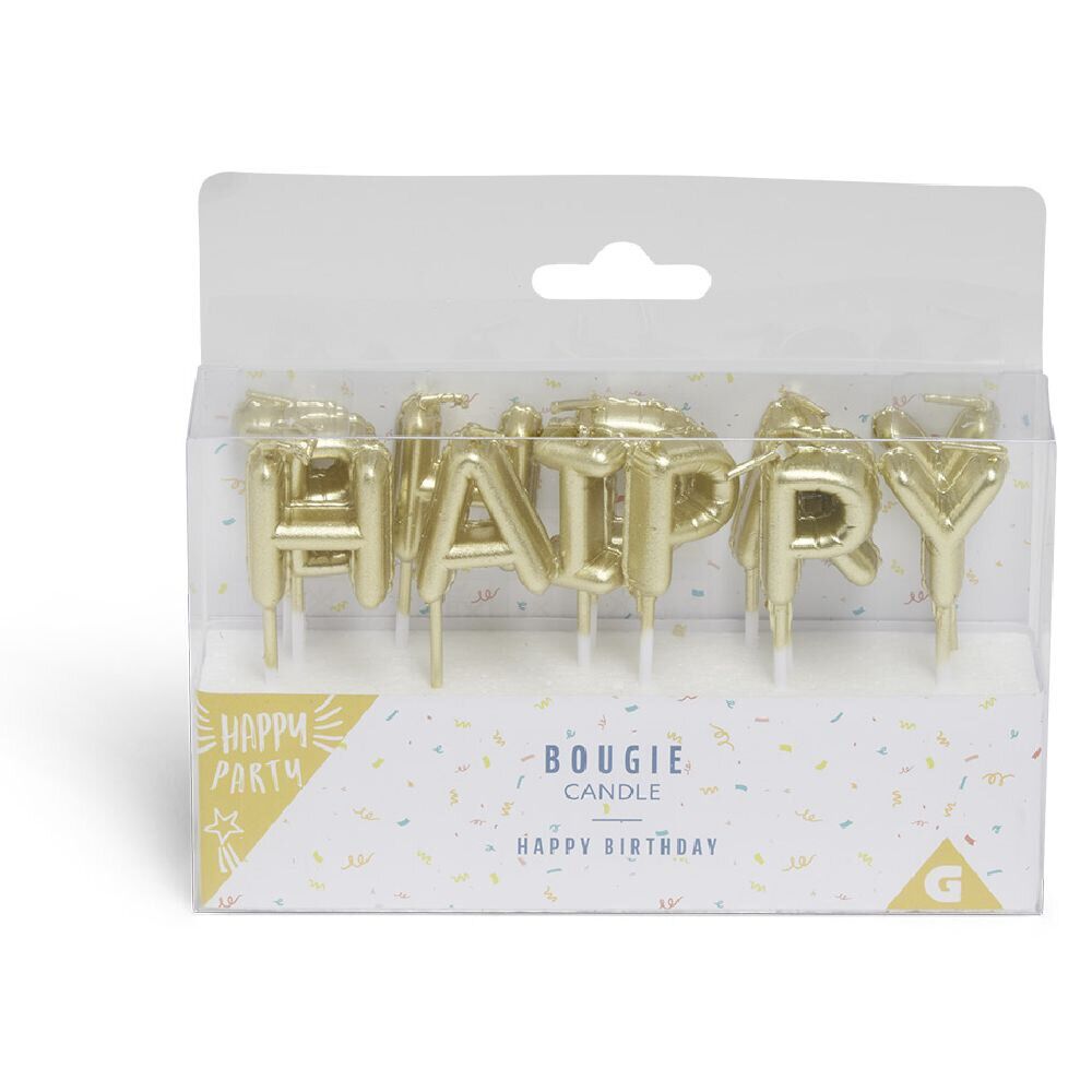 Bougies anniversaire lettres Happy Birthday dorées H7cm