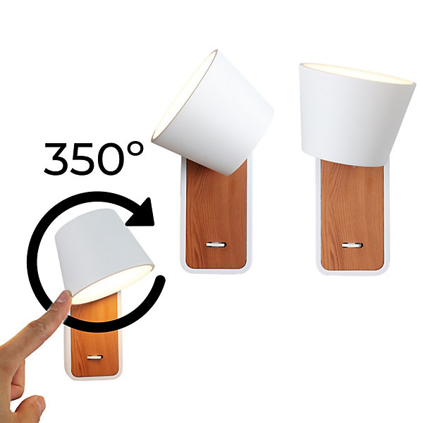 Applique Murale avec Projecteur LED 6W Orientable et Interrupteur Métal Blanc et Bois pour Table de Nuit - Idéal pour Ch