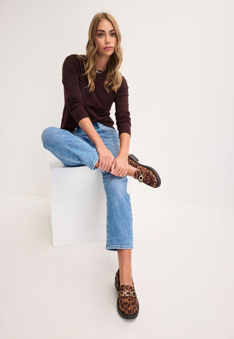Womens Brown Leopard Print Chain Trim Chunky Loafers