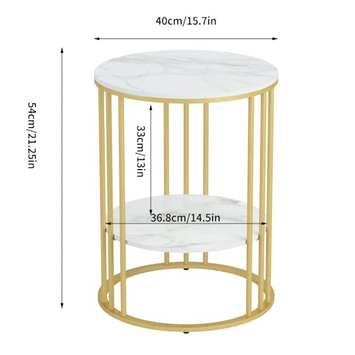 NNEOBA Round Marble Accent Table - Gold Frame, 2-Tier Nightstand