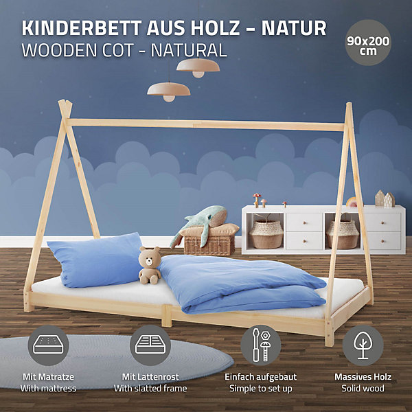 Lit d'enfant ML-Design Tipi 90x200 cm naturel en bois de pin massif style indien matelas H:16 cm