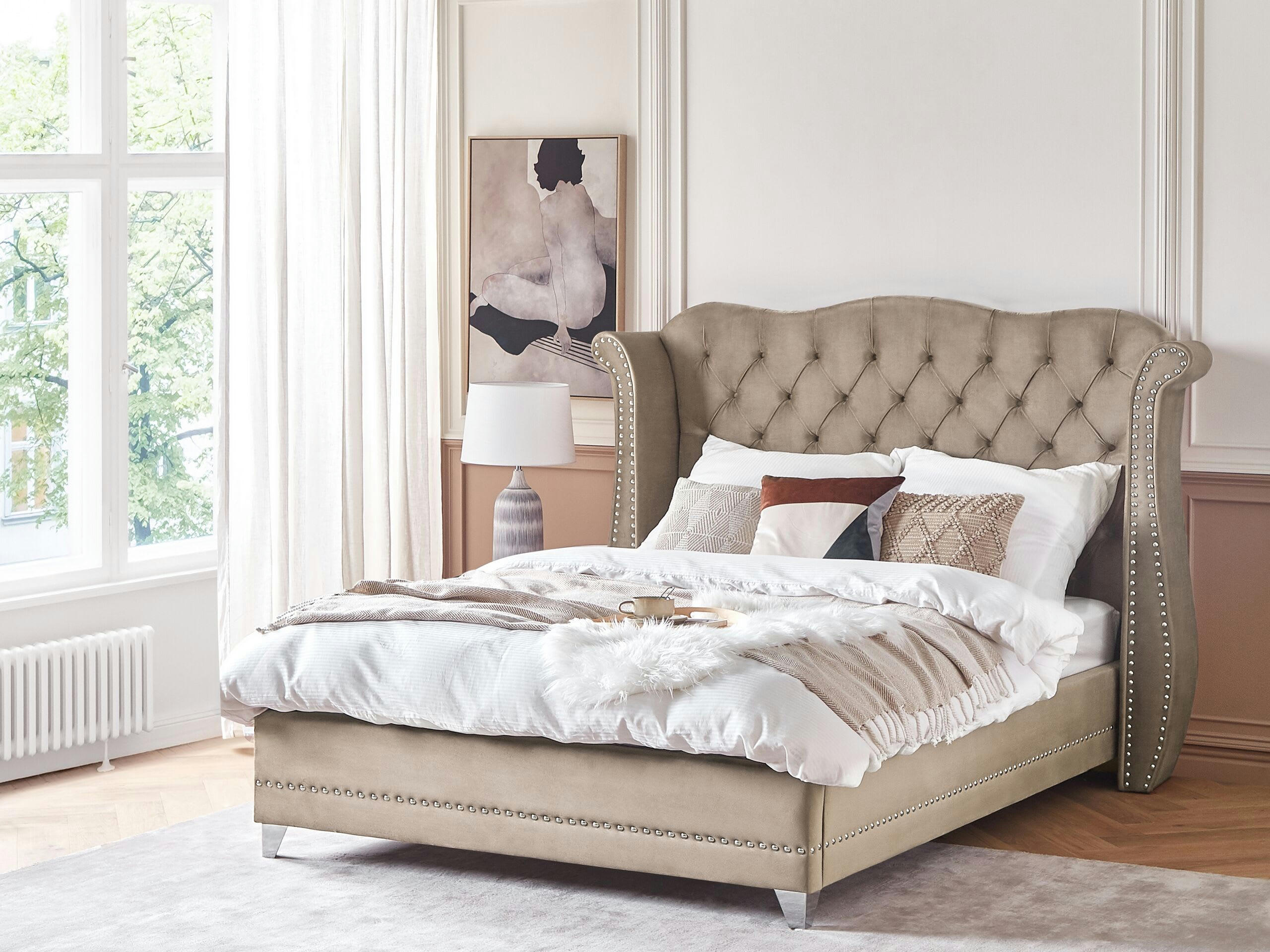 AYETTE - Lit double en tissu beige 160x200
