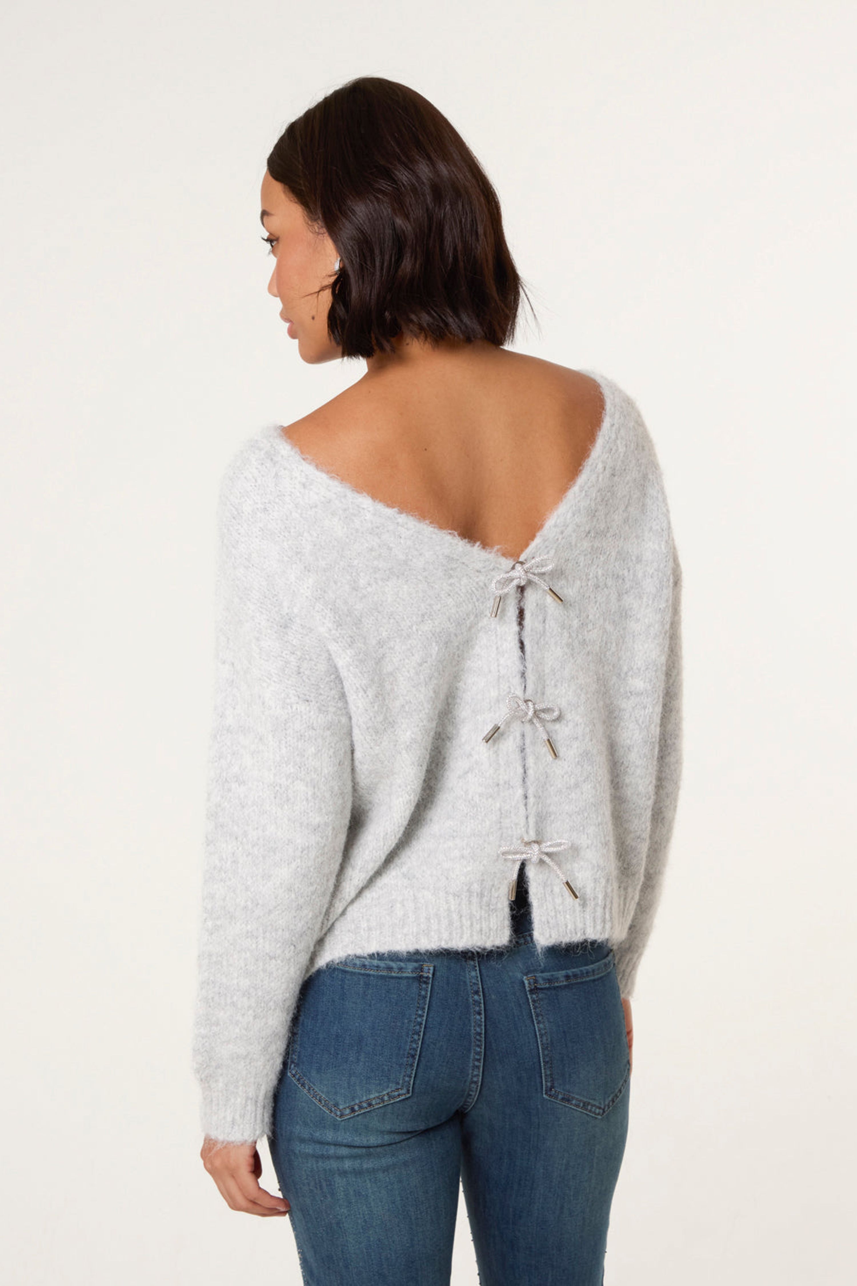 Blue Vanilla Grey Bow Knit Cardigan
