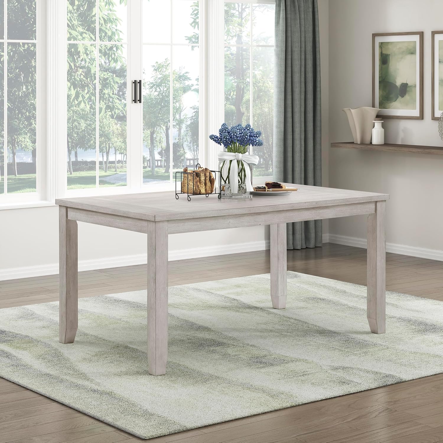Lexicon 60 Farmhouse Dining Table for 4-6 People, Solid Wood Frame Acacia Veneer Rectangular Kitchen Table, for Kitchen, Dining Room, Living Room, Assembly Required, Brushed Antique White Finish